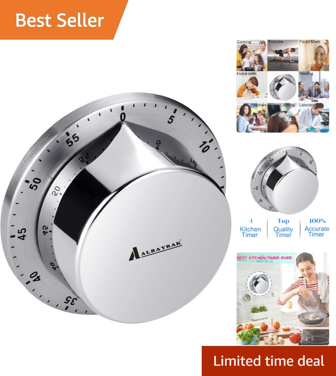 Stainless Steel Kitchen Timer with Loud 70db Alarm – No Batteries Required