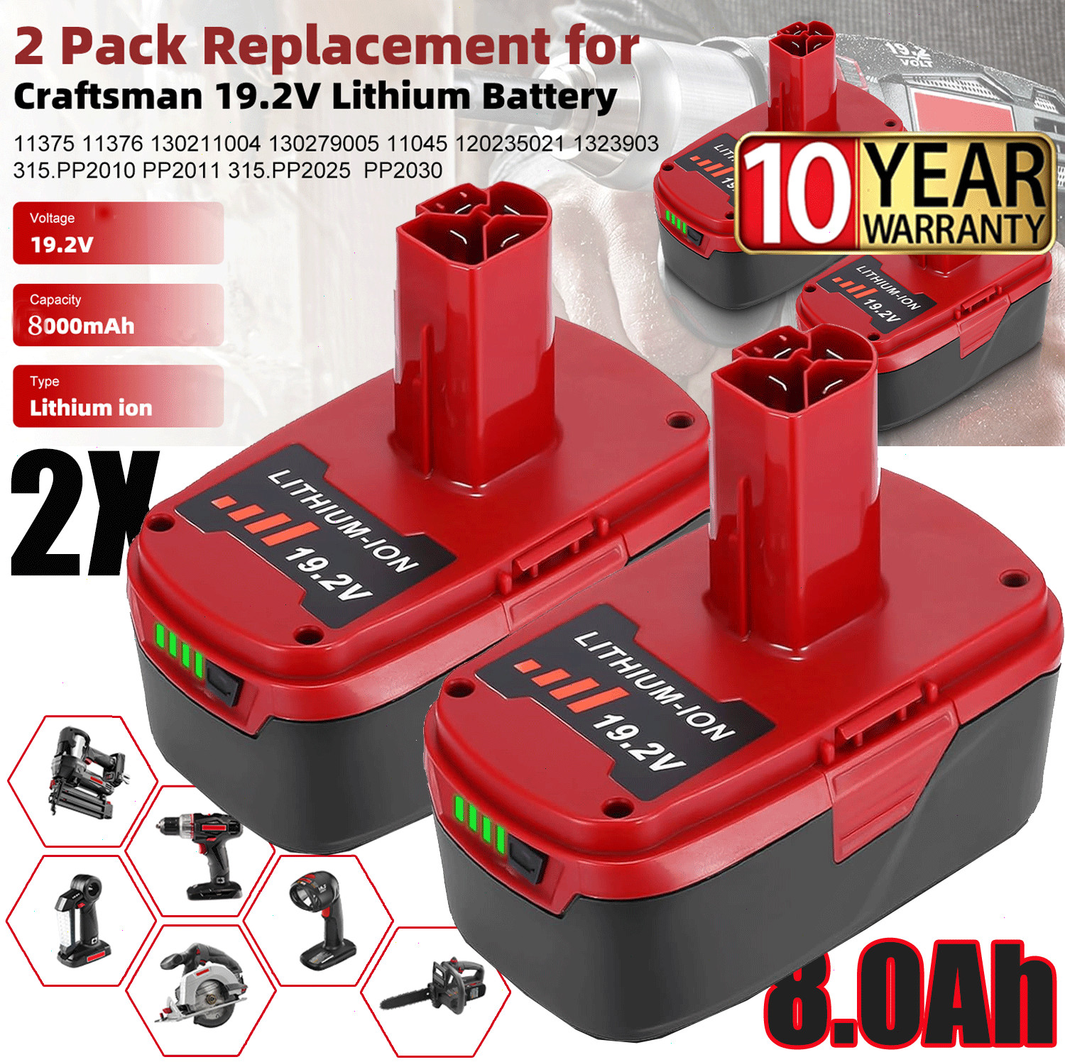 2Pack 19.2V 8.0Ah For Craftsman C3 DieHard Lithium-ion XCP Battery 11375 11570