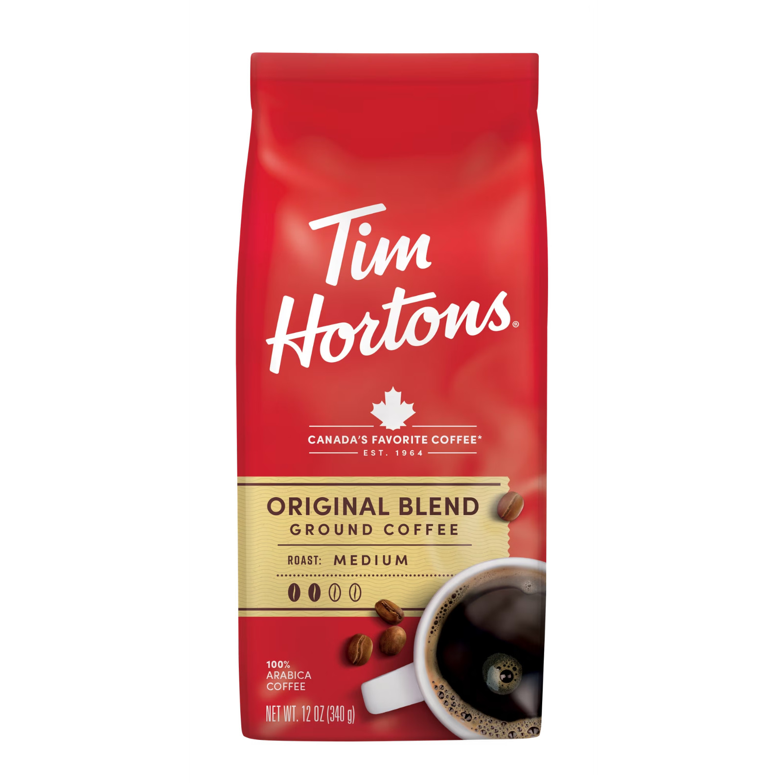 Tim Hortons Original Blend Ground Coffee, 100% Arabica Medium Roast, 12oz Bag