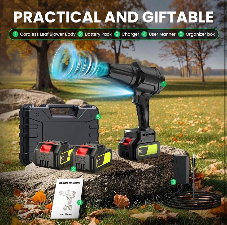Powerful Electric Cordless Leaf Blower with 2 Batteries + Charger, 500,000 RPM