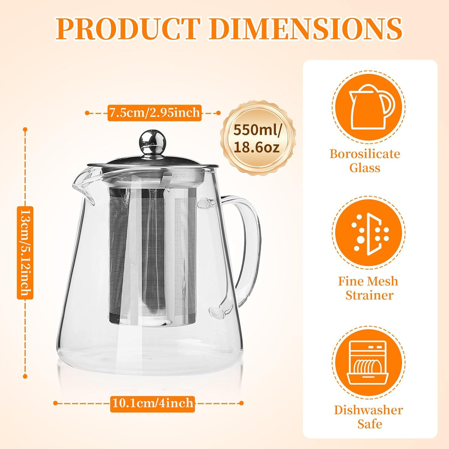 Glass Teapot with Stainless Steel Infuser, Borosilicate Tea Kettle, Clear Tea
