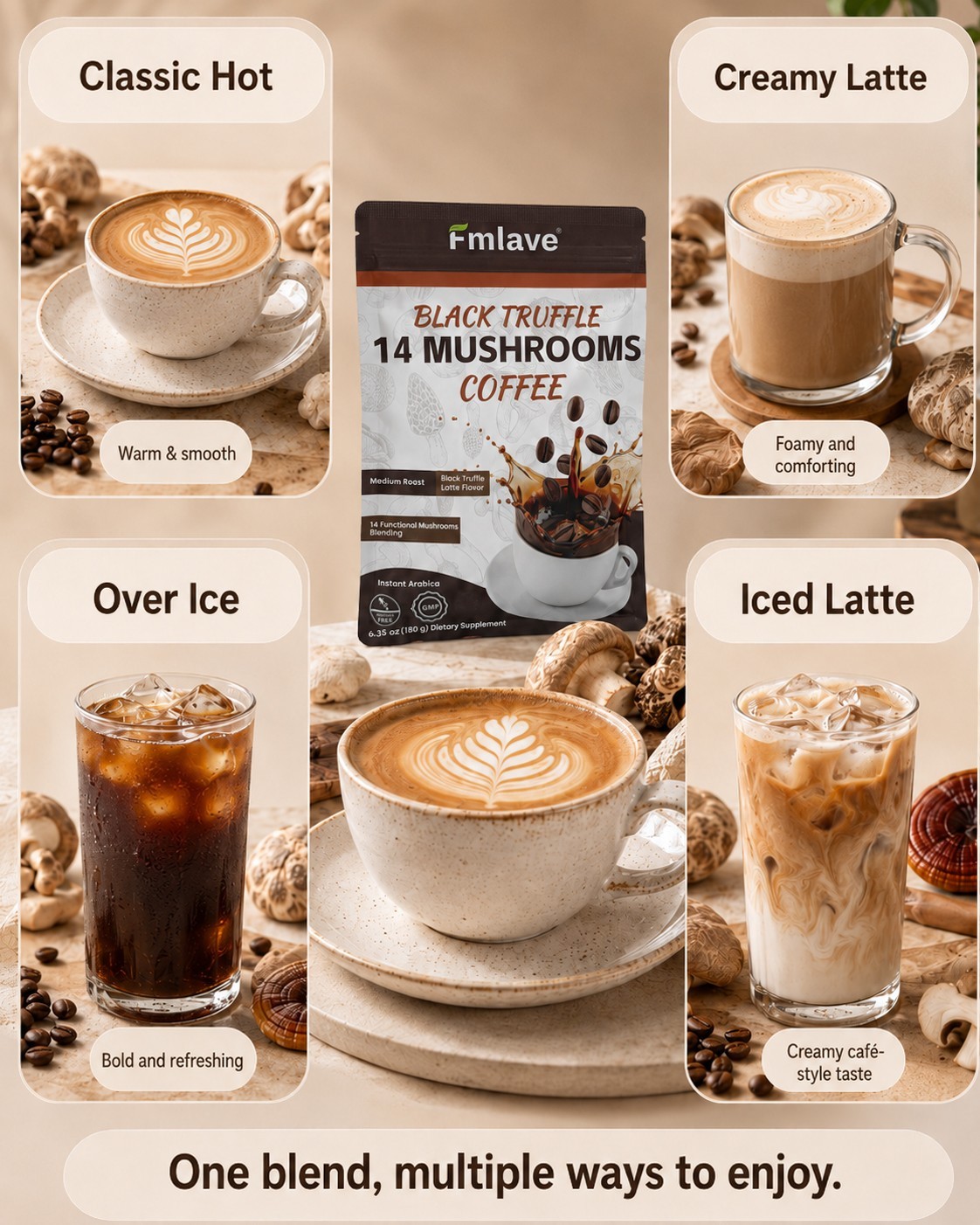 14 in 1 Organic Mushroom Coffee, 15 Servings, Energy & Brain Boost Free Shipping