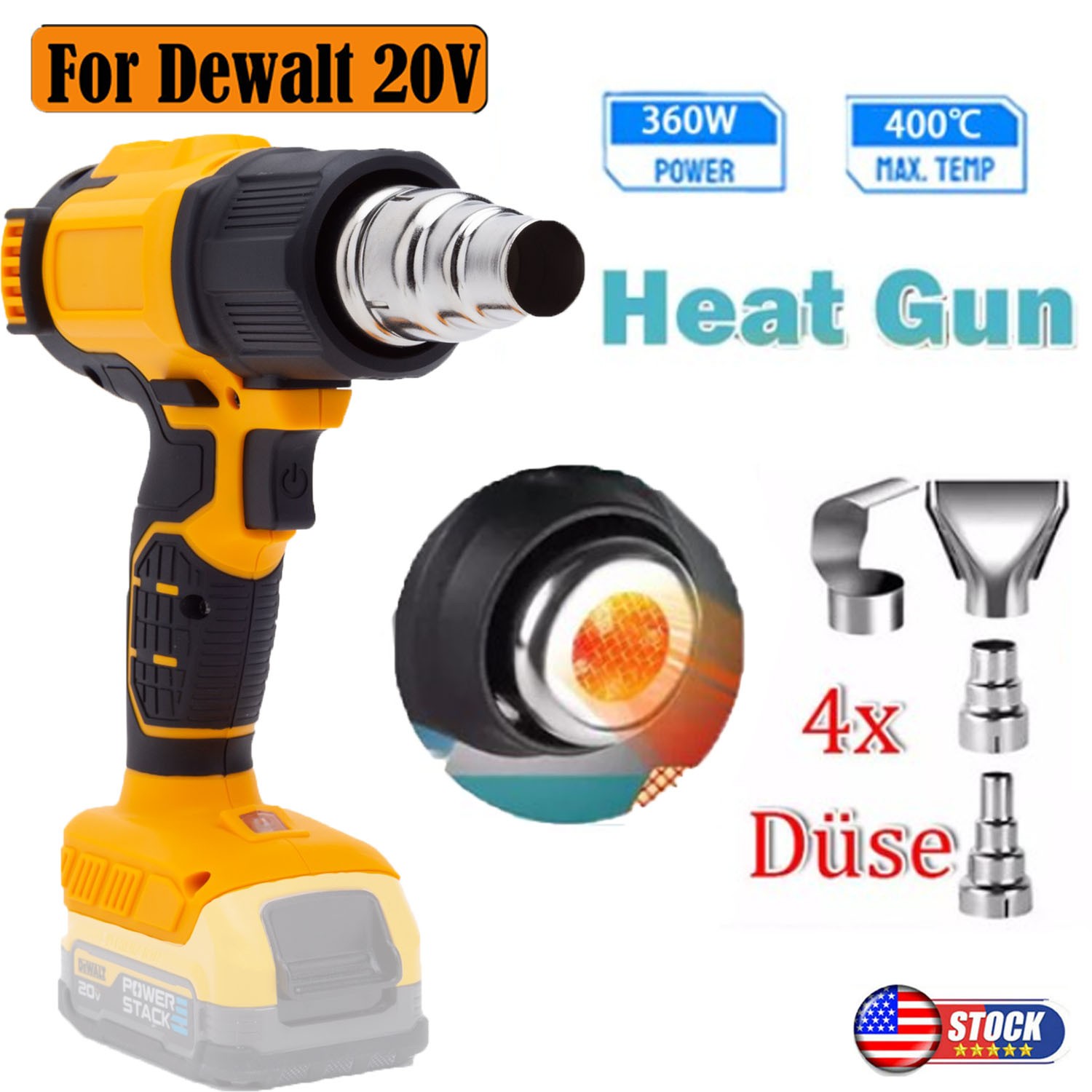360W Cordless Heat Gun Fast Heating w/4 Nozzles for Dewalt 20V Battery 752°F US