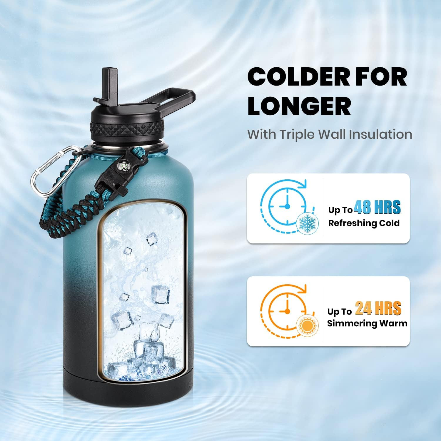 Insulated Water Bottle 64 Oz, Triple Wall Vacuum Stainless Steel (Cold for 48 Hr