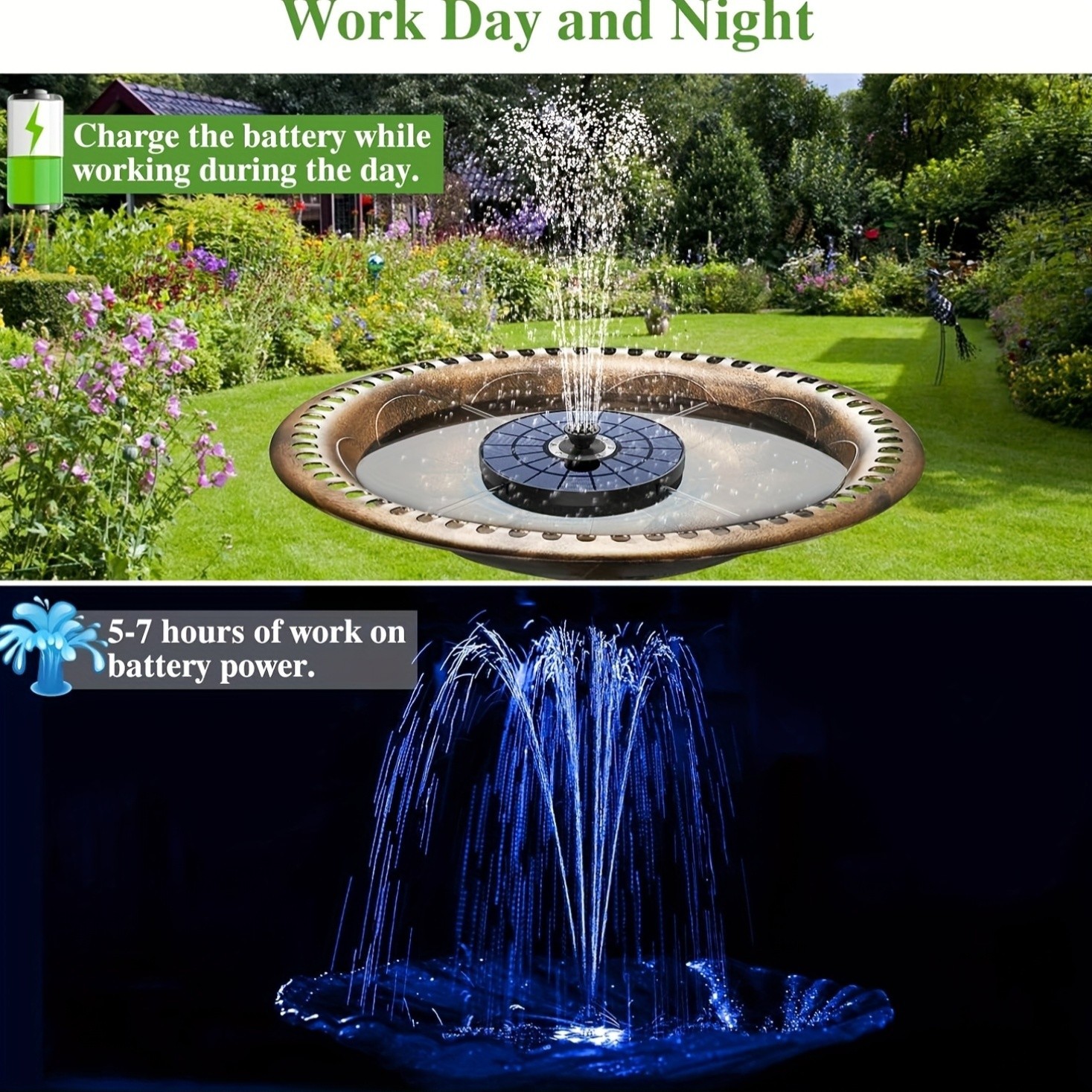 5.5w color solar water Fountain, equipped with LED lights and built-in 1500mAh