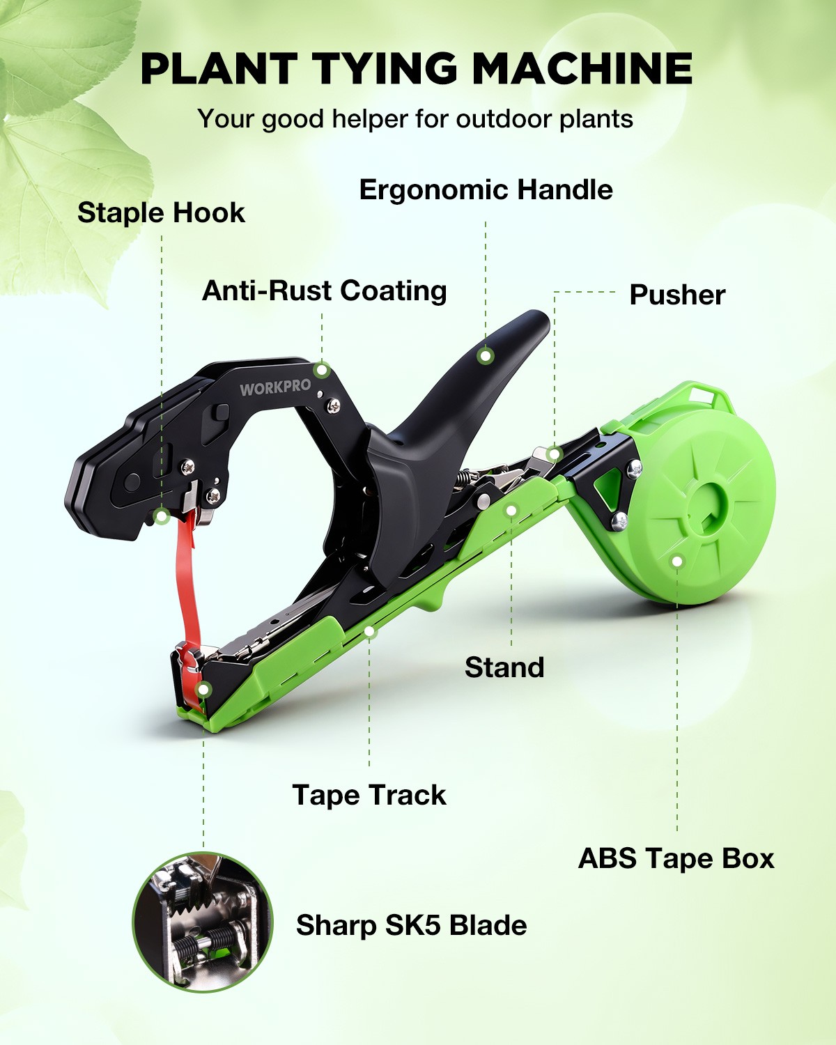 WORKPRO Plant Tying Machine Lightweight Tape Gun for Tying Vines & Support Plant