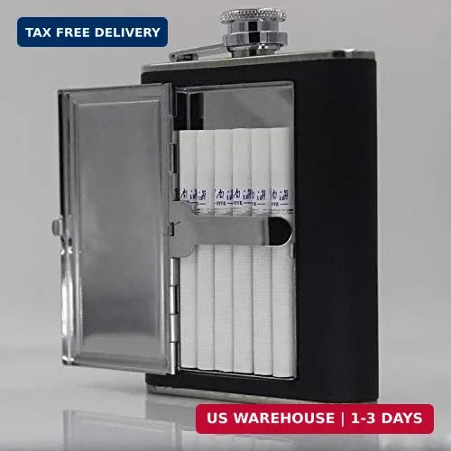 6oz/180ml Black Leather Wrapped Hip Flask with Built-in Cigarette Case & Funnel