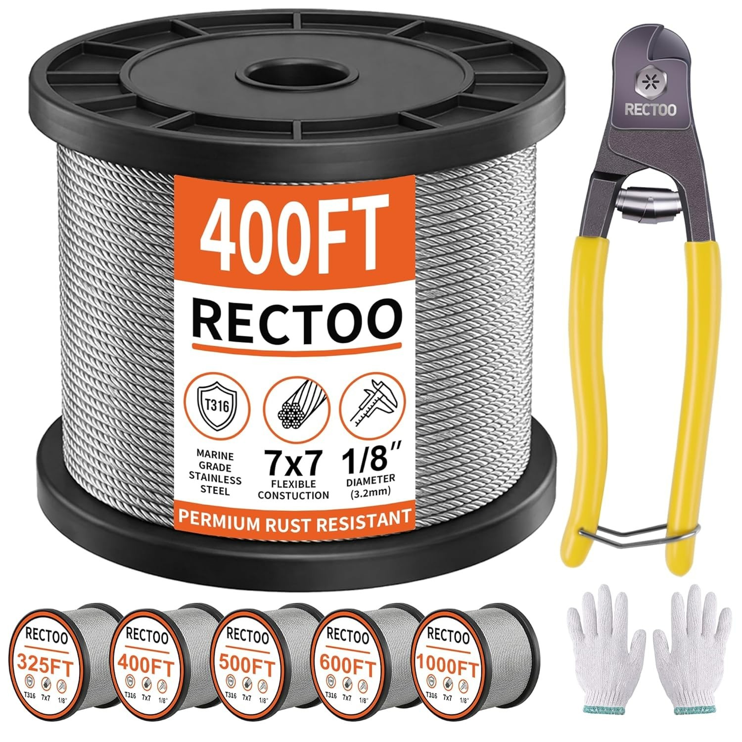 400FT 1/8″ Stainless Steel Cable with Cutter, 7×7 Strands Aircraft Wire Rope