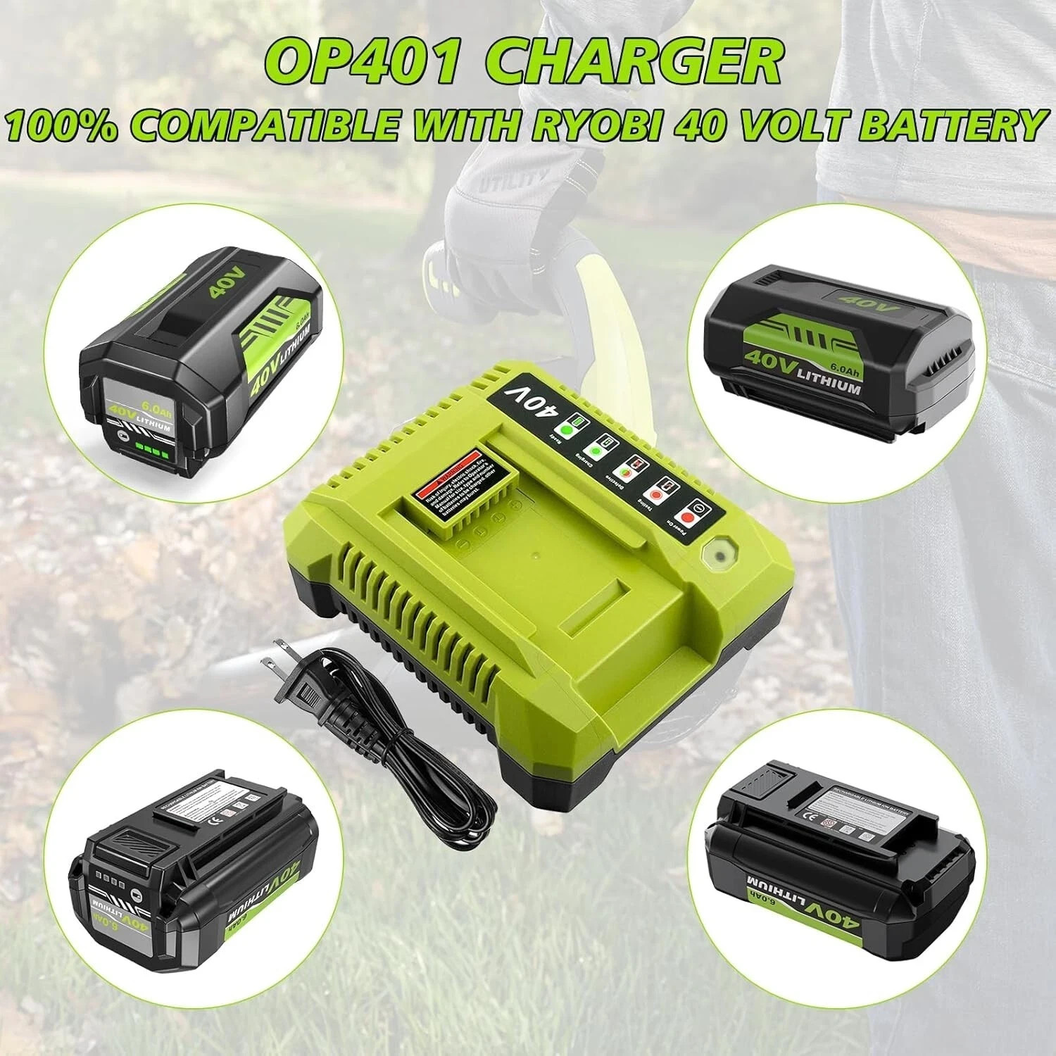 2X Battery & Charger For Ryobi 40V With LED Lithium-Ion 40-Volt OP406VNM OP40602