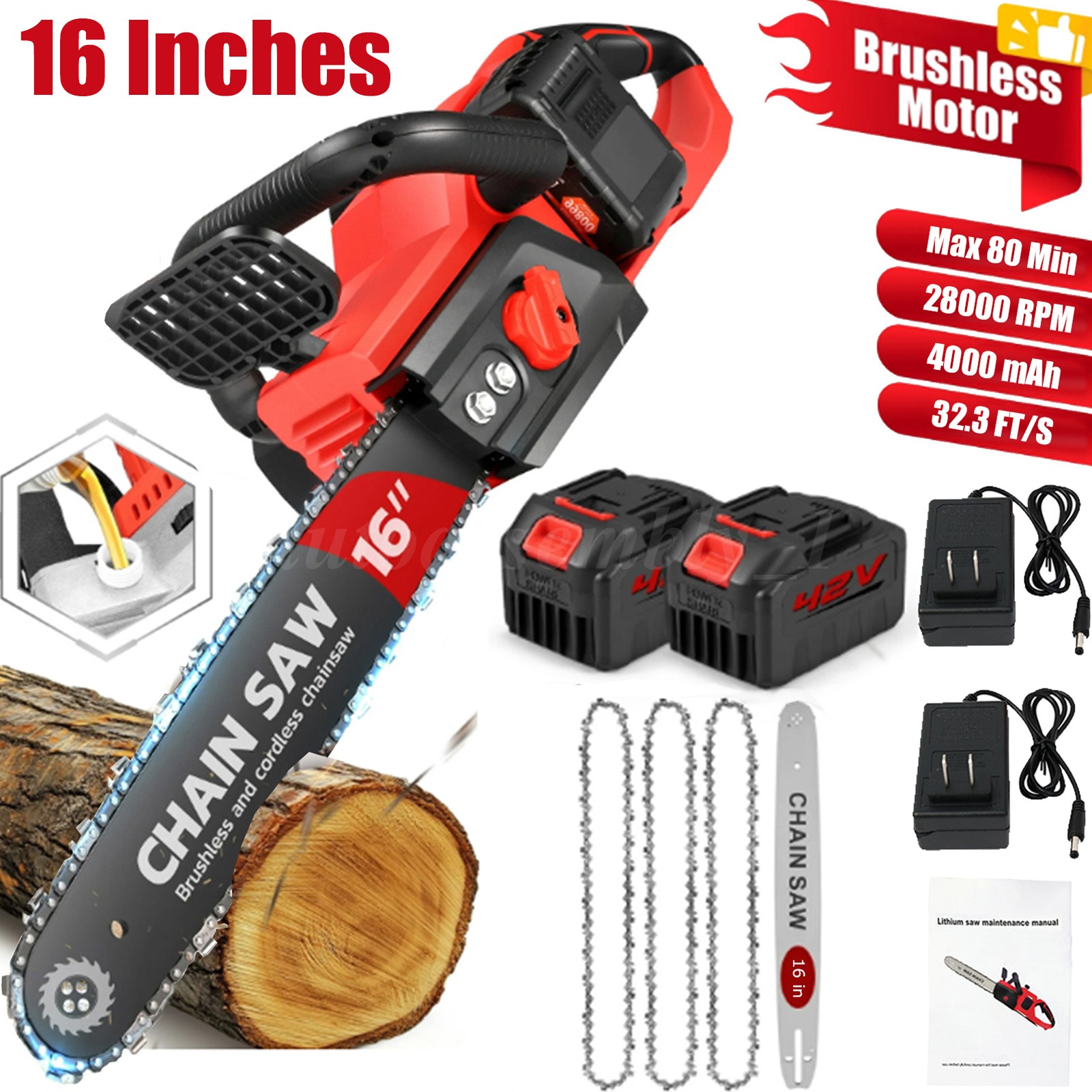 16″ Cordless Electric Chainsaw 42V Brushless Handheld Chain Saw 2Battery&Charger