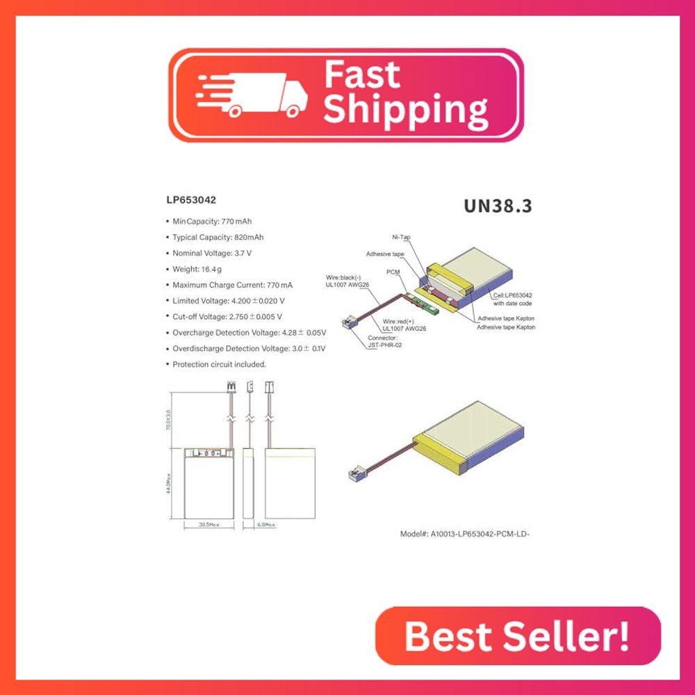 EEMB Lithium Polymer Battery 3.7V 820mAh 653042 Lipo Rechargeable Battery Pack w