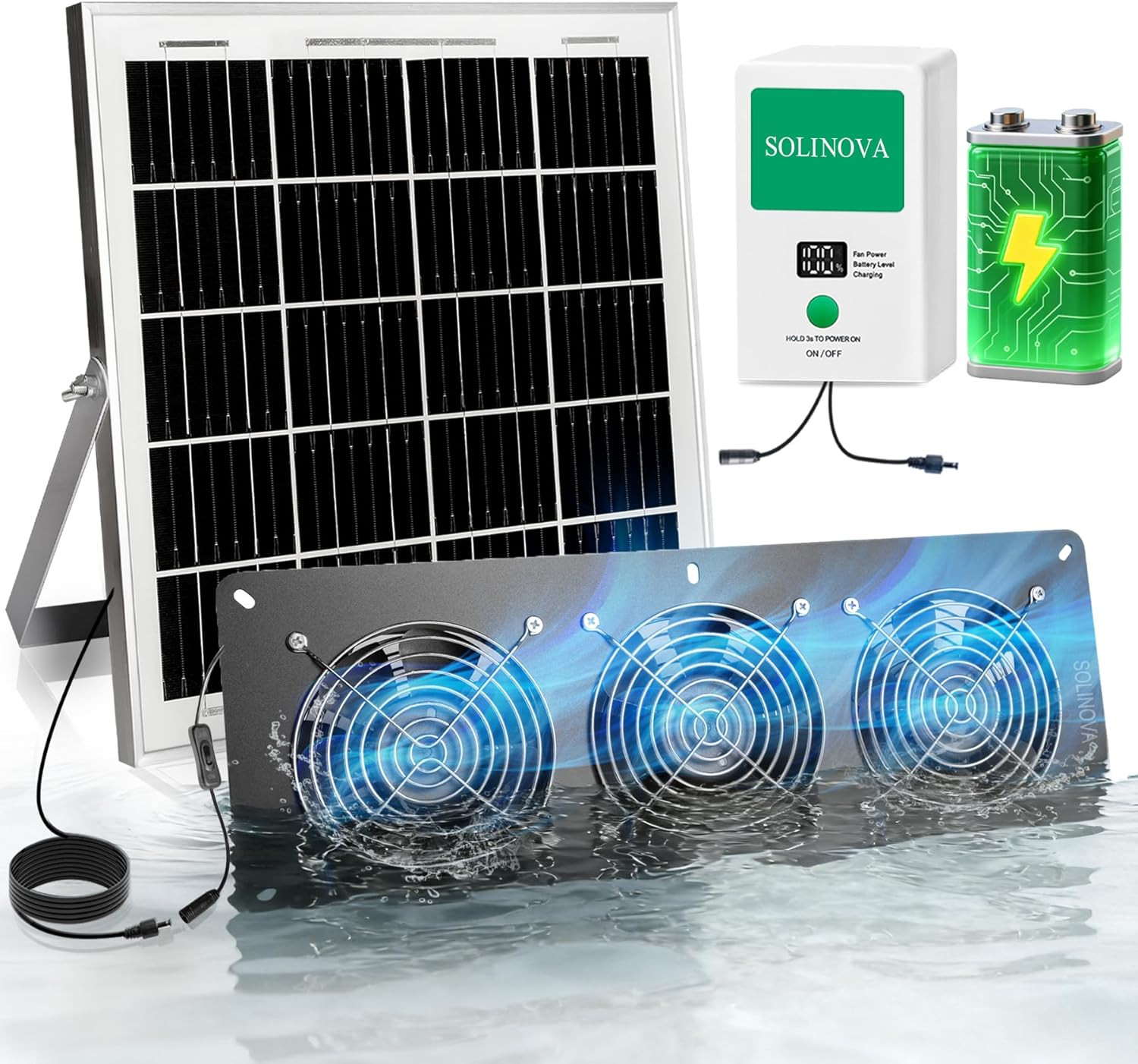 Solar Fan, 25W Solar Exhaust 3-Fan with 7500Mah Battery, Solar Powered Fan for I