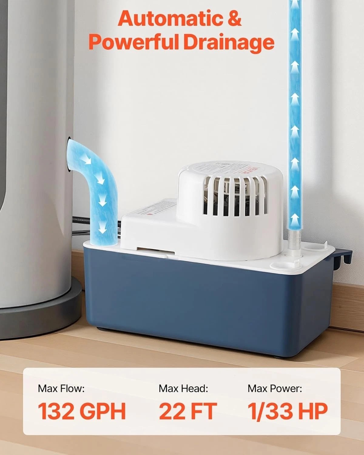 Efficient 1/33 HP Condensate Removal Pump – 100 GPH Flow & Quiet 30 dB Operation
