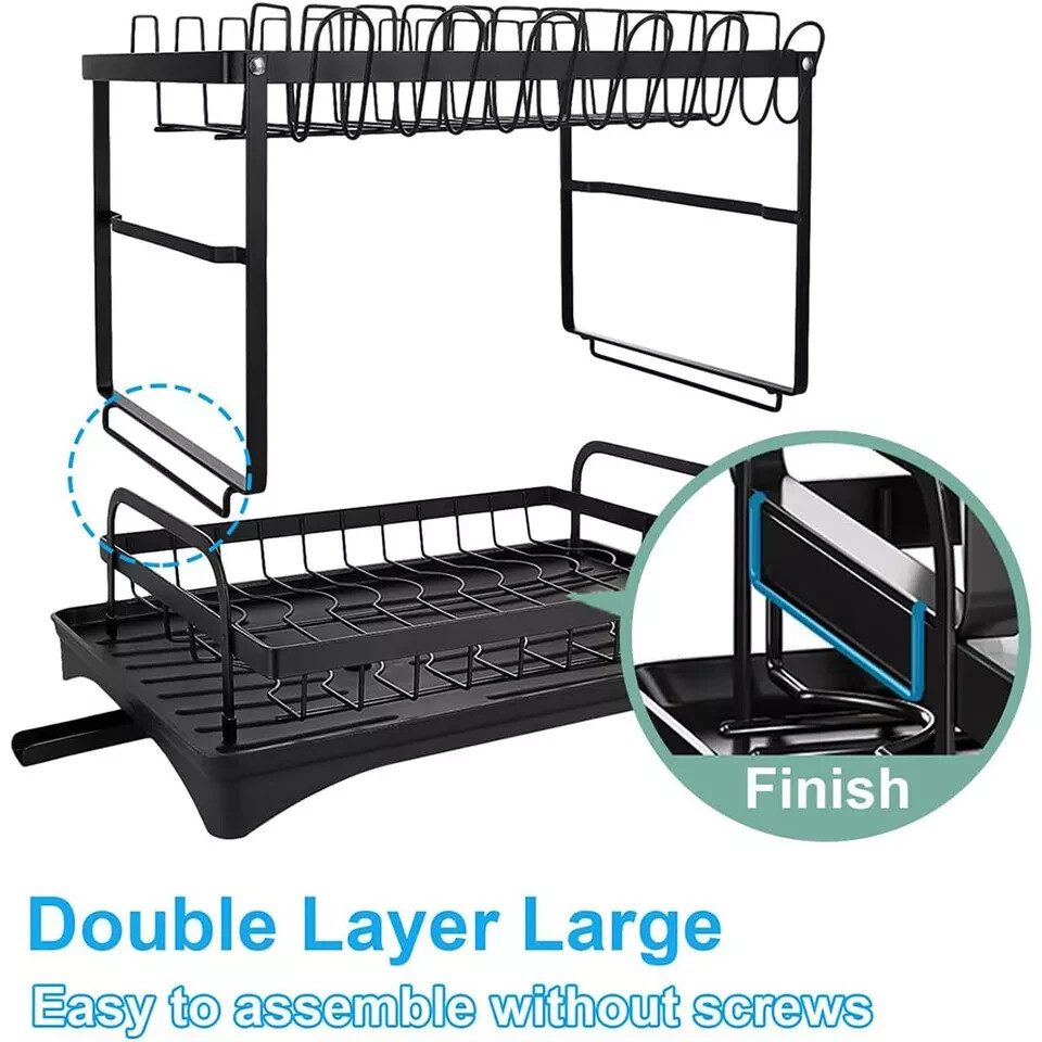 2 Tier Dish Drainer Rack with Drip Tray Cutlery Holder Plate Racks Kitchen Sink