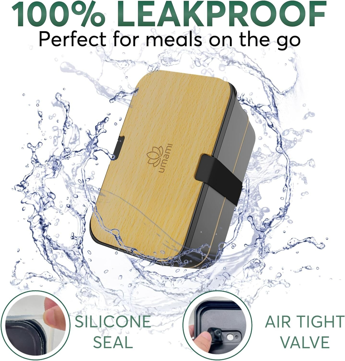 Umami Bento Box Adult – Stackable , Easy To Clean, 100% Leakproof -Bamboo Black