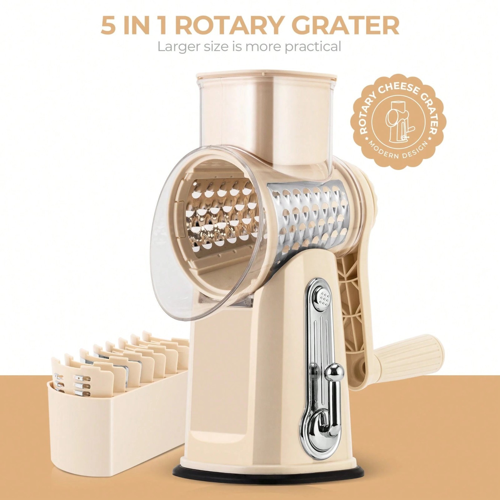 SUSTEAS Rotary Cheese Grater with 5 Blades & Storage Box Sleek Vegetable Shredde