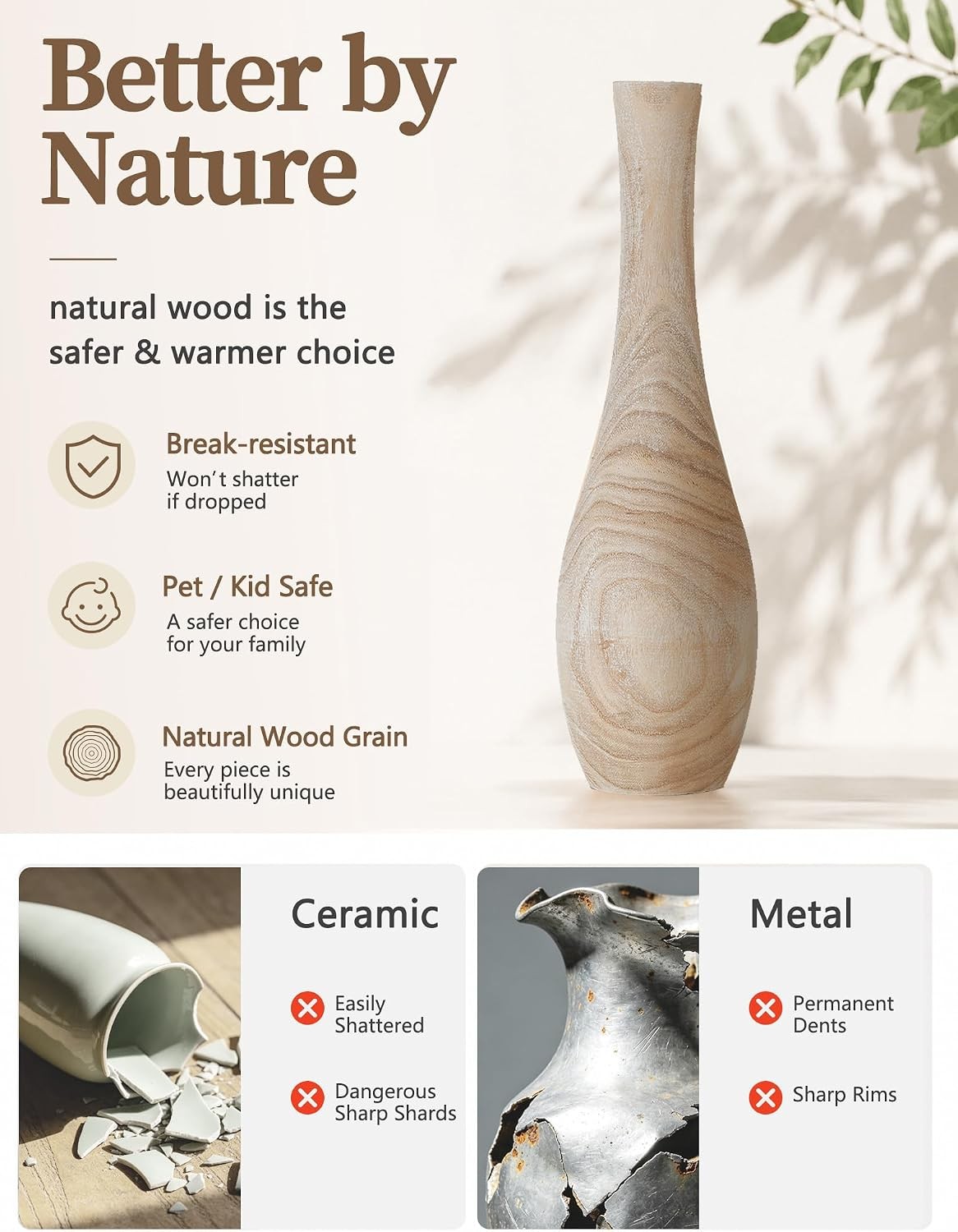 Hanobe Tall Floor Vase 22″-Slender Beige Boho Vase for Pampas Grass-Decor