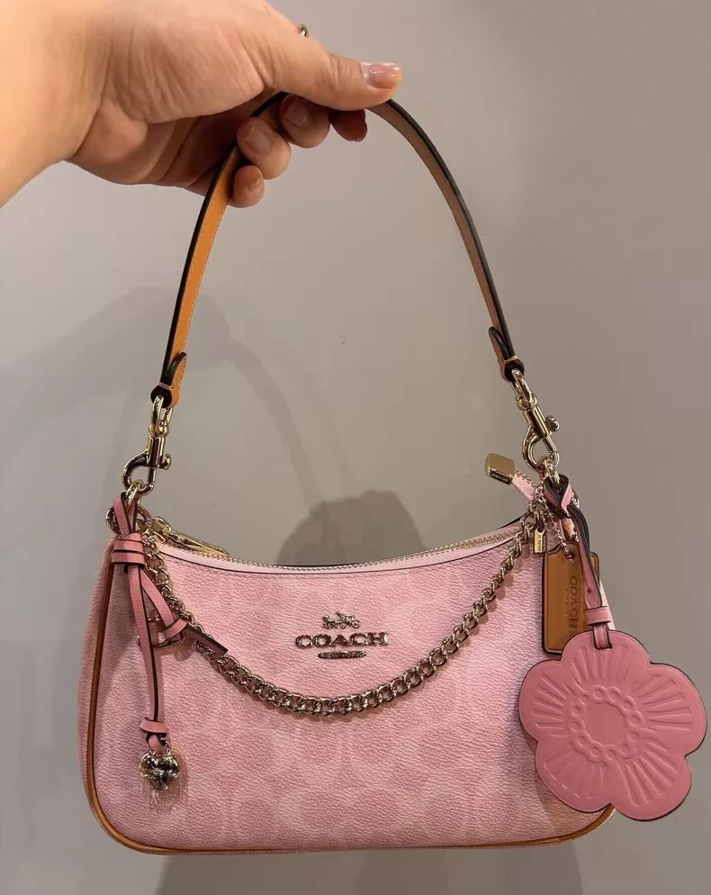 NWT Gold Powder Pink Teri Shoulder Bag Signature with Charms CEA20