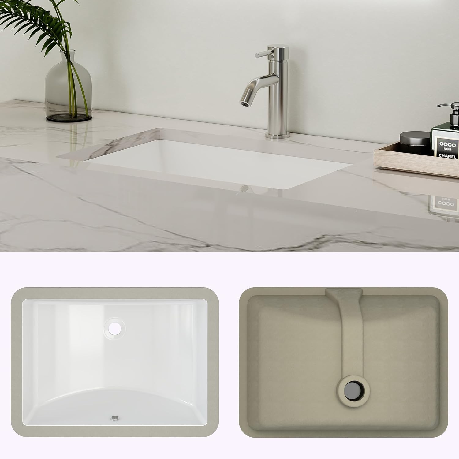 Rectangle Undermount Bathroom Sink, 20” x 14” White Ceramic Under Mount Sink