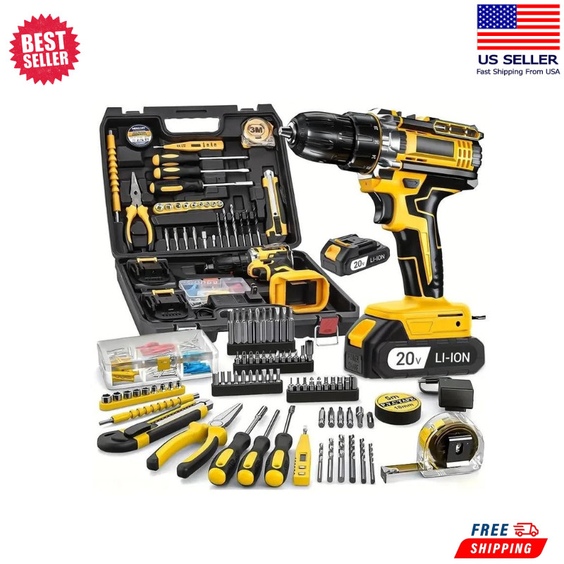 136pcs Electric Cordless Drill Hand Tools Set With Screwdriver Bits 2X Battery