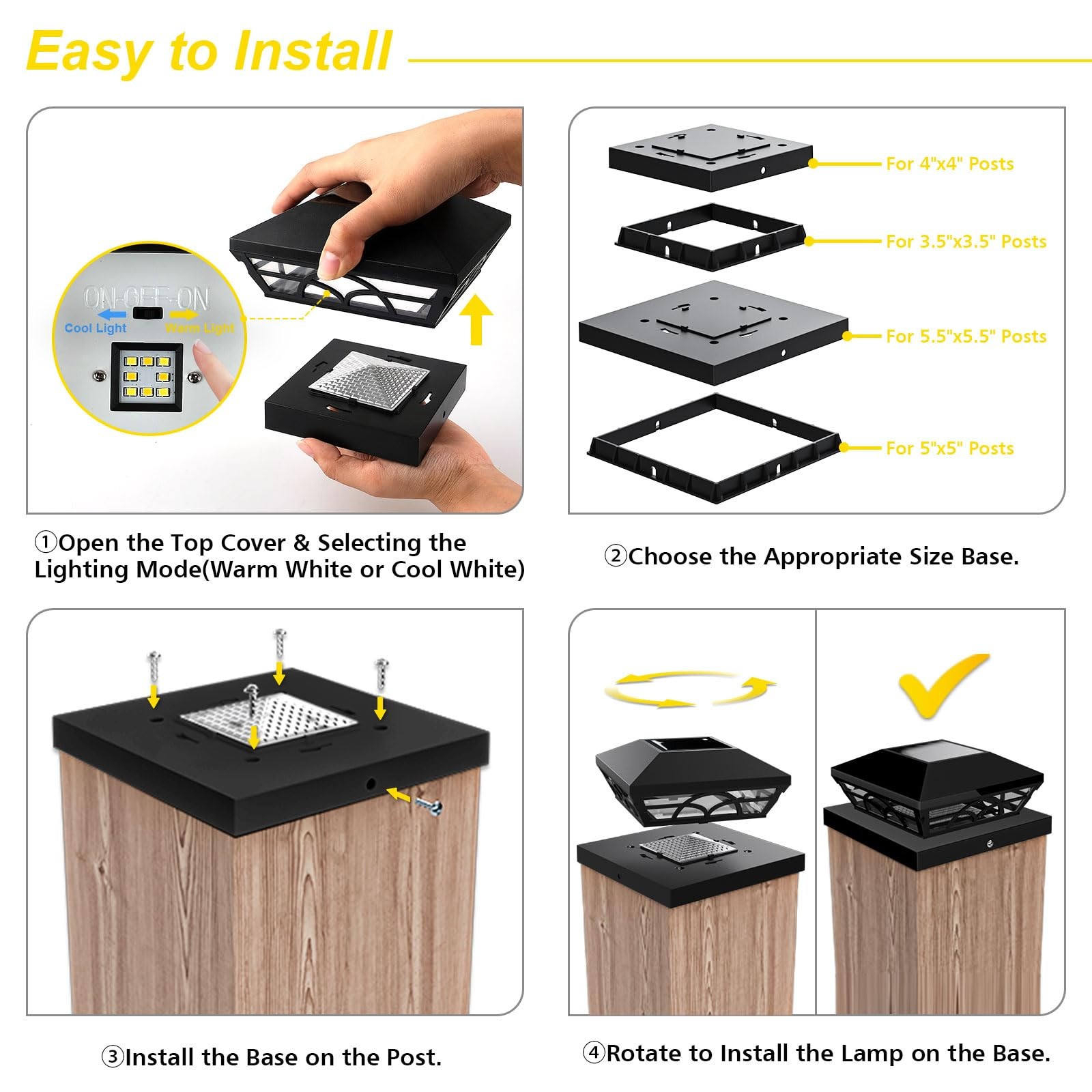T-SUN Solar Post Cap Lights 6 Pack – Outdoor Waterproof RGB Color Changing Li…