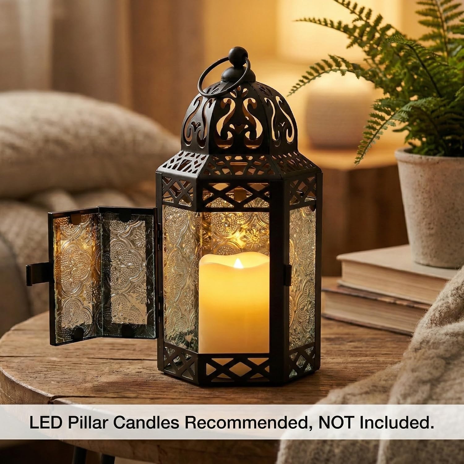 8.5in Moroccan Candle Lantern – Elegant Black Iron & Glass Centerpiece