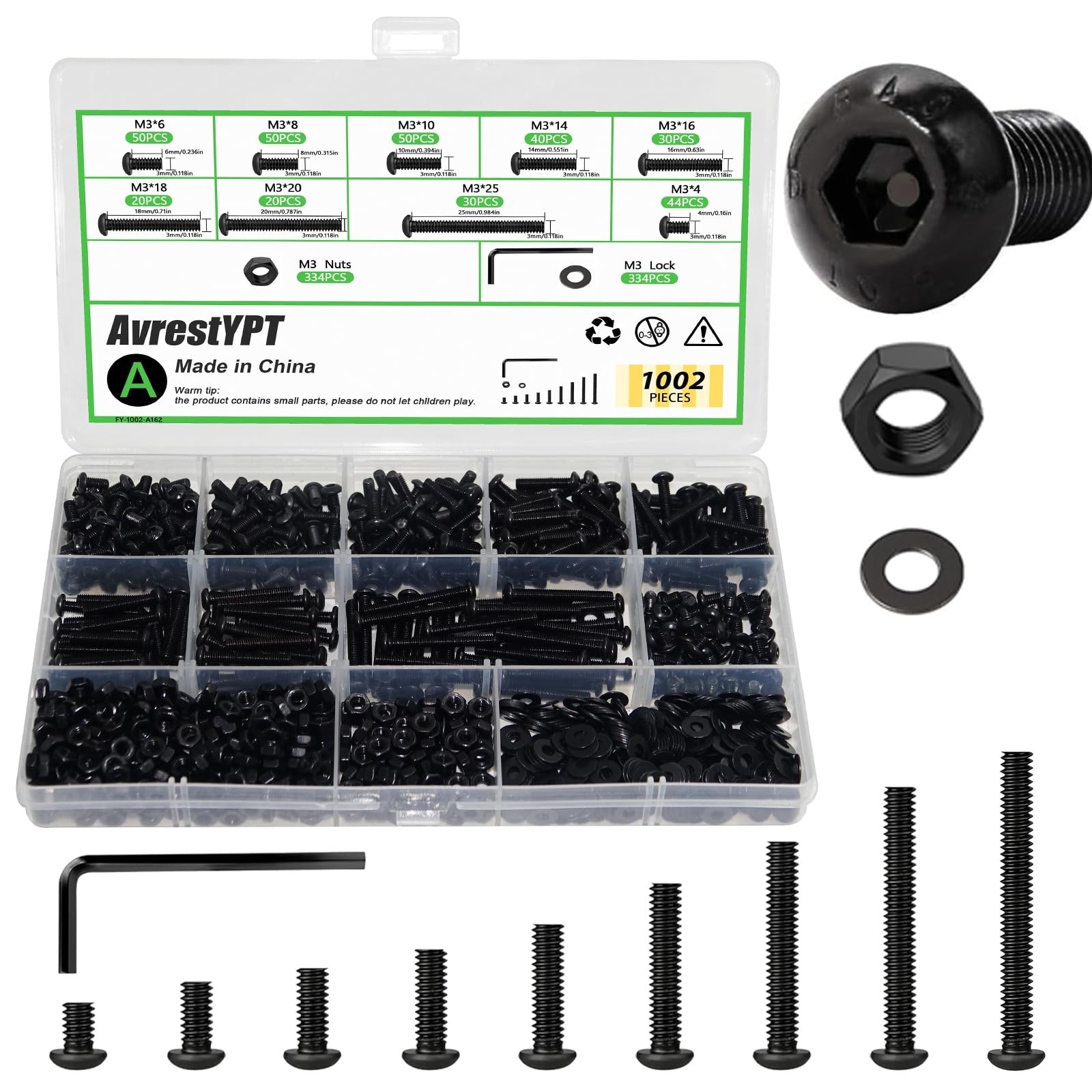 M3x4/6/8/10/12/20/25/30/40mm Hex Button Head Cap Screws Bolts Nut Assortment Kit
