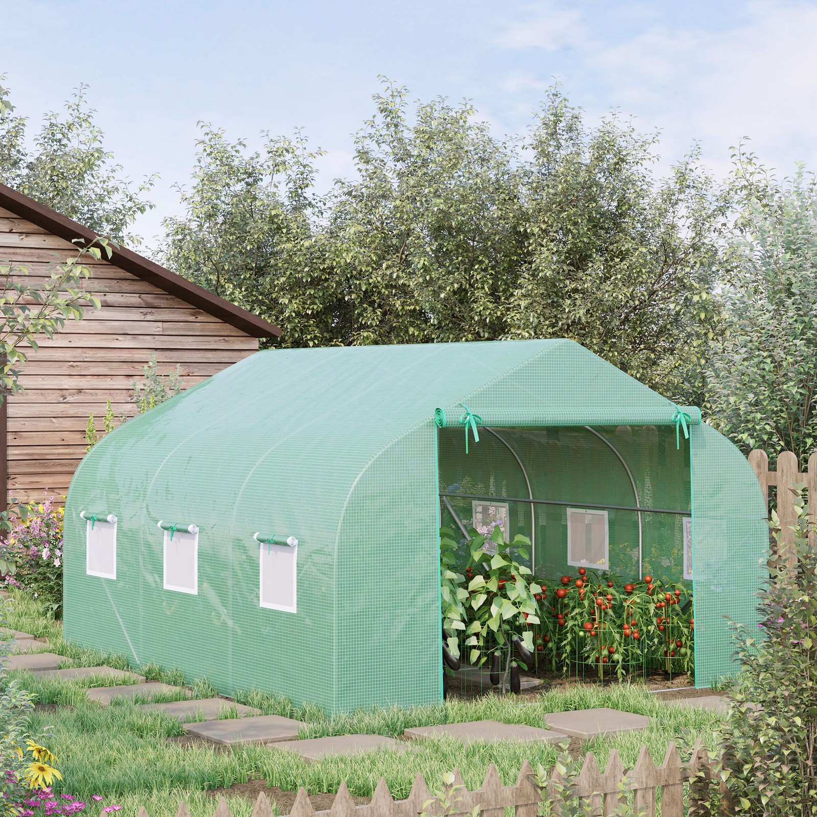 Walk-In Tunnel Greenhouse 11.4 x 9.8 x 6.8 ft Roll-Up Door 6 Windows