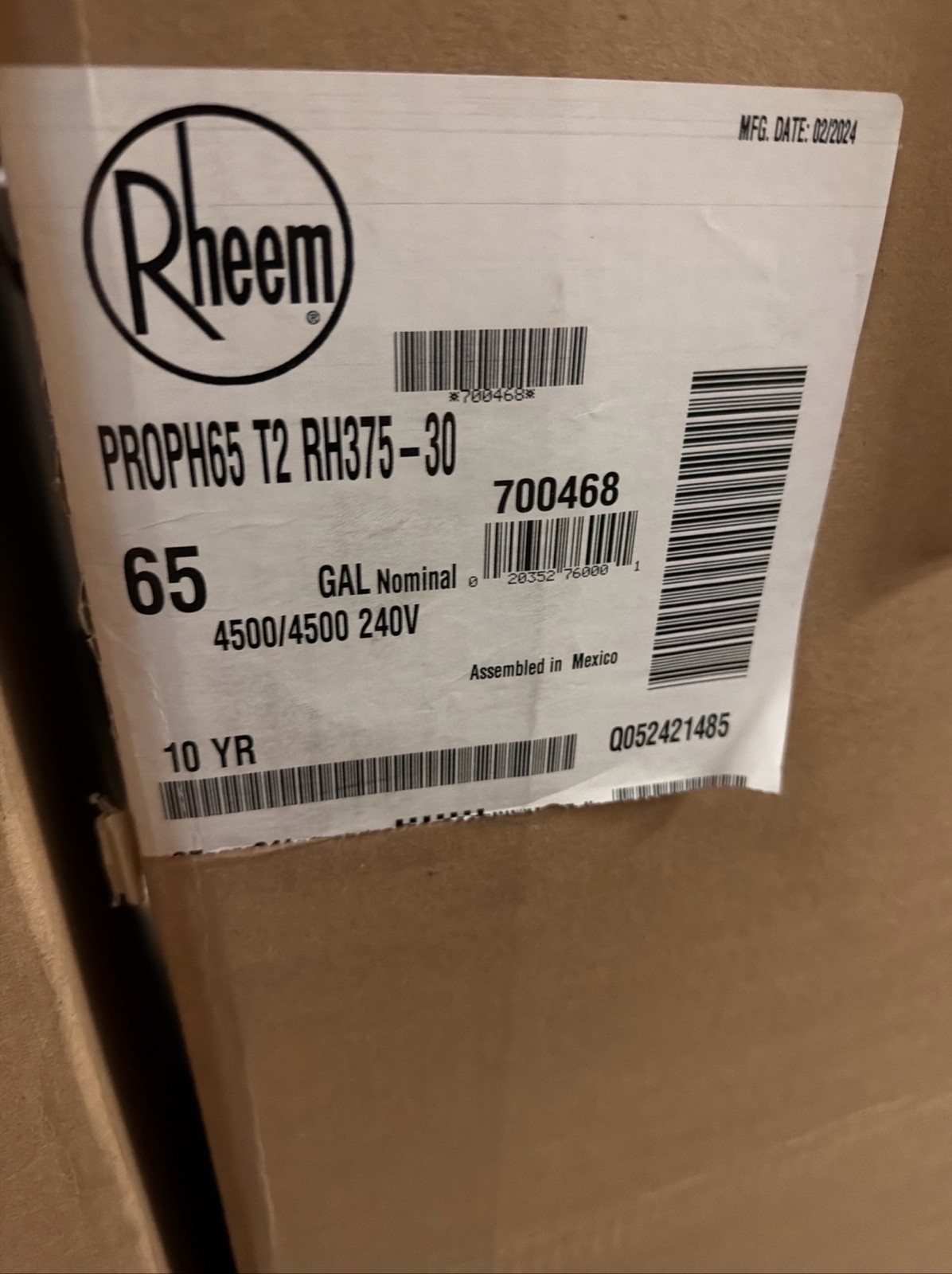 Rheem 65 Gal Hybrid Heat Pump Water Heater PROPH65 T2 RH375-30
