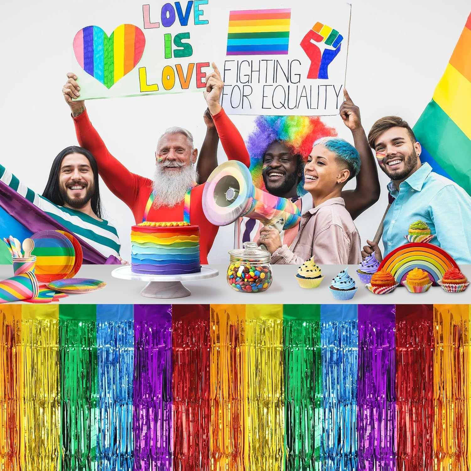 4 Pack Pride Rainbow Table Skirts, 30X108 Inch Metallic Foil Fringe Table Skirts