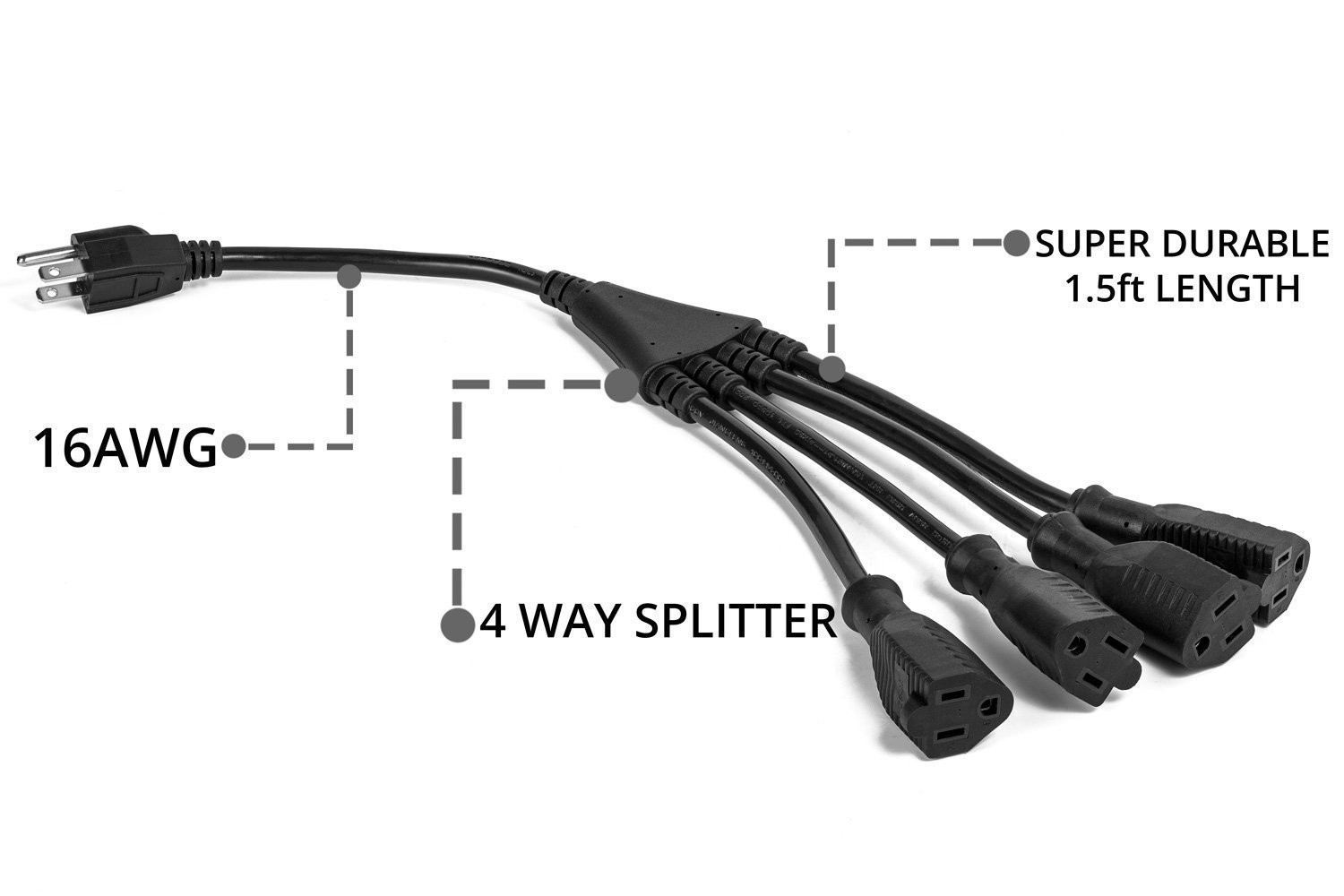 4 Way Power Cord Splitter Cable-3 Prong 1 to 4 Extension Cord-Outlet Saver- Male