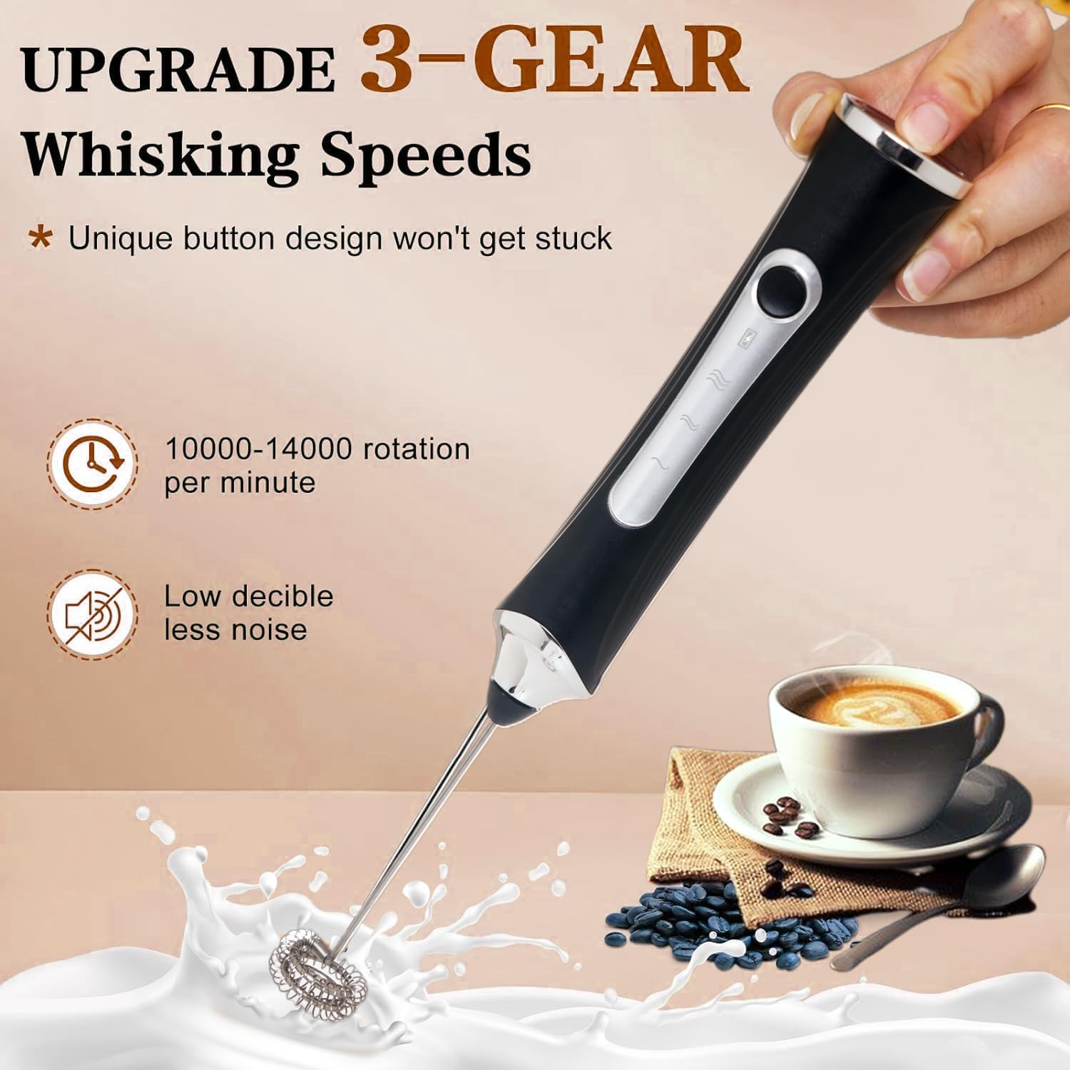Rechargeable Milk Frother Handheld for Coffee,3 Speeds Frother Wand with Stand,