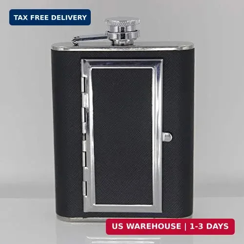 6oz/180ml Black Leather Wrapped Hip Flask with Built-in Cigarette Case & Funnel