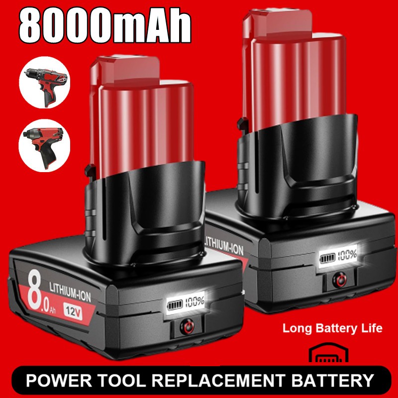 2X 8.0AH For Milwaukee For M12 12V Extended Capacity Lithium Battery with LED