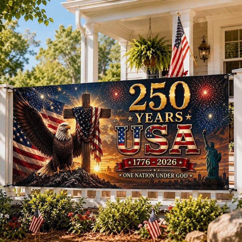 America 250 Patriotic Banner Eagle Cross USA Anniversary Decor Print