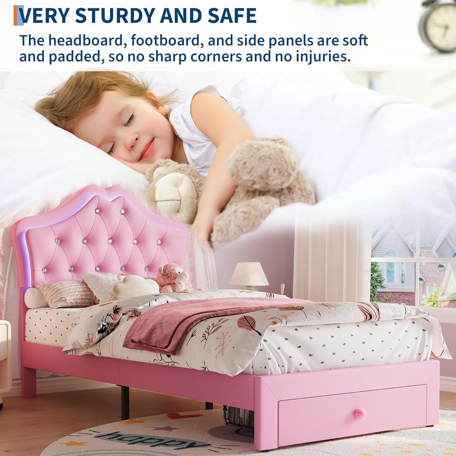 Twin Size Upholstered Bed Frame w/ Storage Drawer & LED Headboard for Kids/Girls