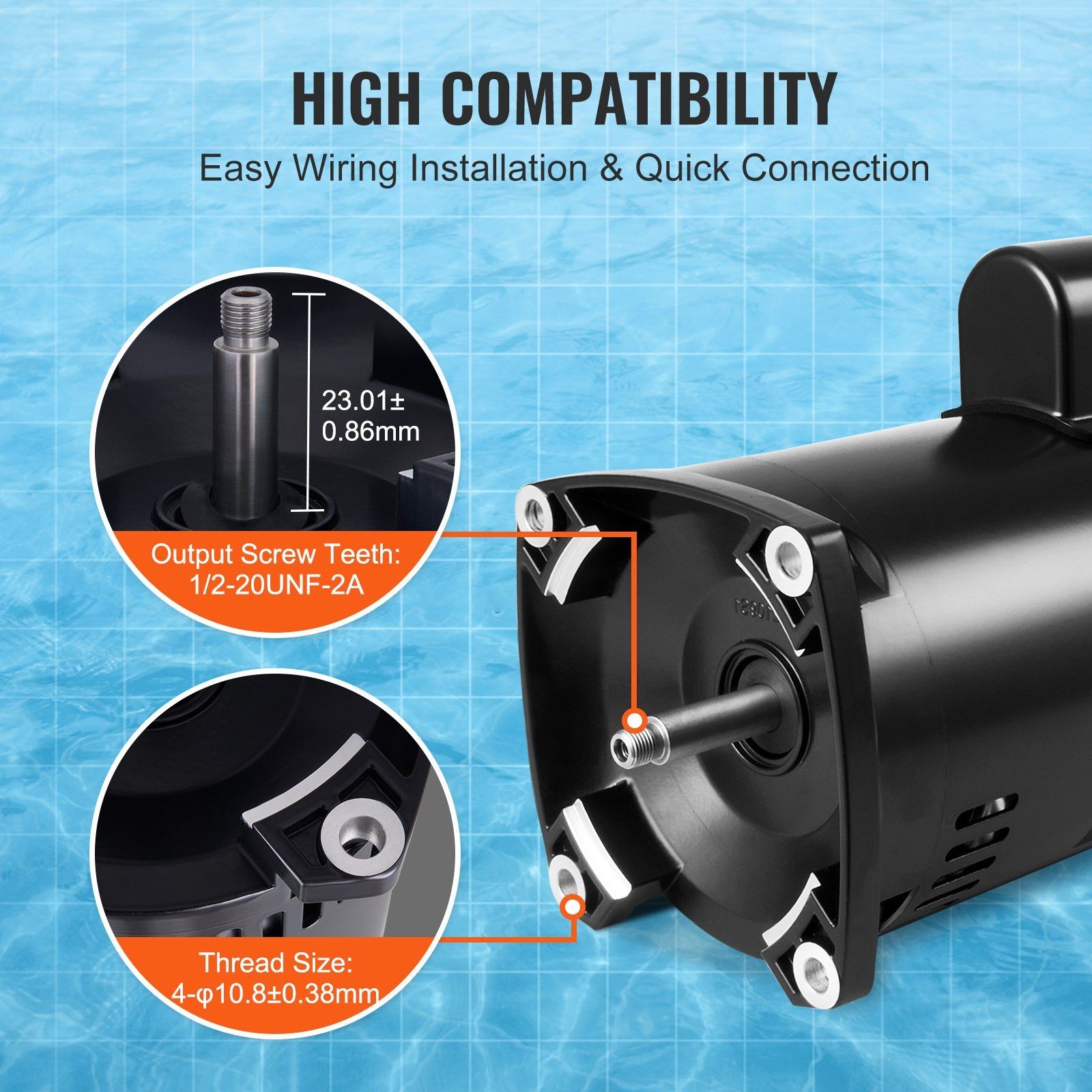 Pool Pump Motor 2HP, 56Y Frame, 230V, 3450RPM, Low-Noise 70dB, Steel Housing