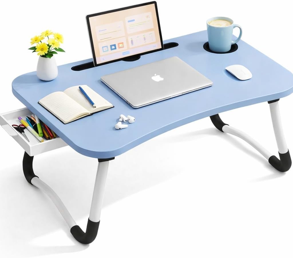 Foldable Laptop Table With Drawer – MDF Wood Desk With Cup Holder, Tablet Slot