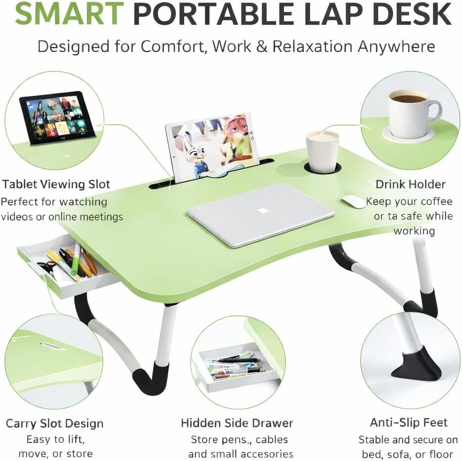 Foldable Laptop Table With Drawer – MDF Wood Desk With Cup Holder, Tablet Slot