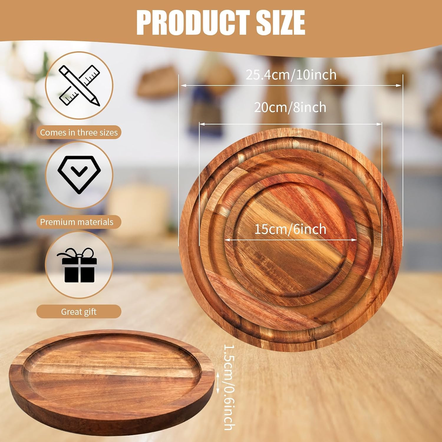 18-Piece Acacia Wood Dinner Plate Set – Classic Lightweight Serving Trays