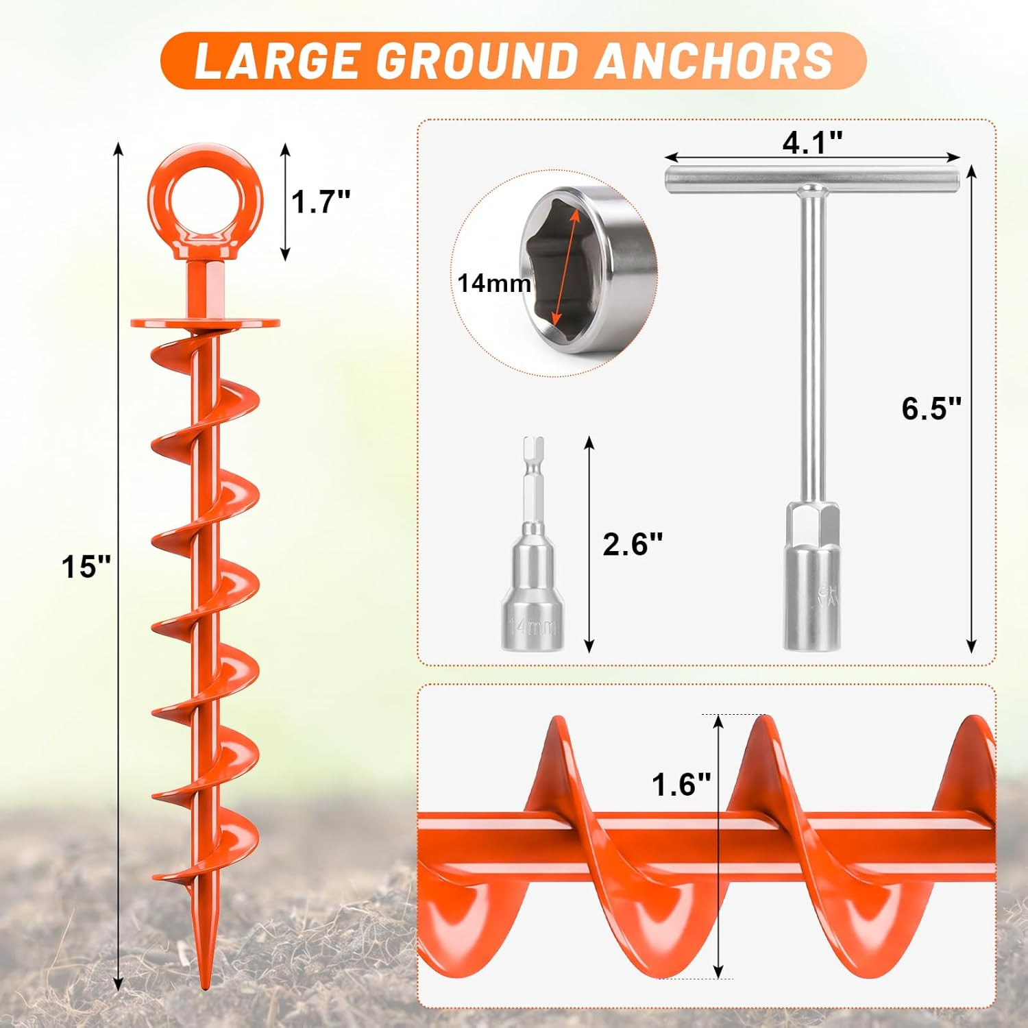 Ground Anchors Screw in Heavy Duty, 4 Pack 15 Inch Spiral Earth