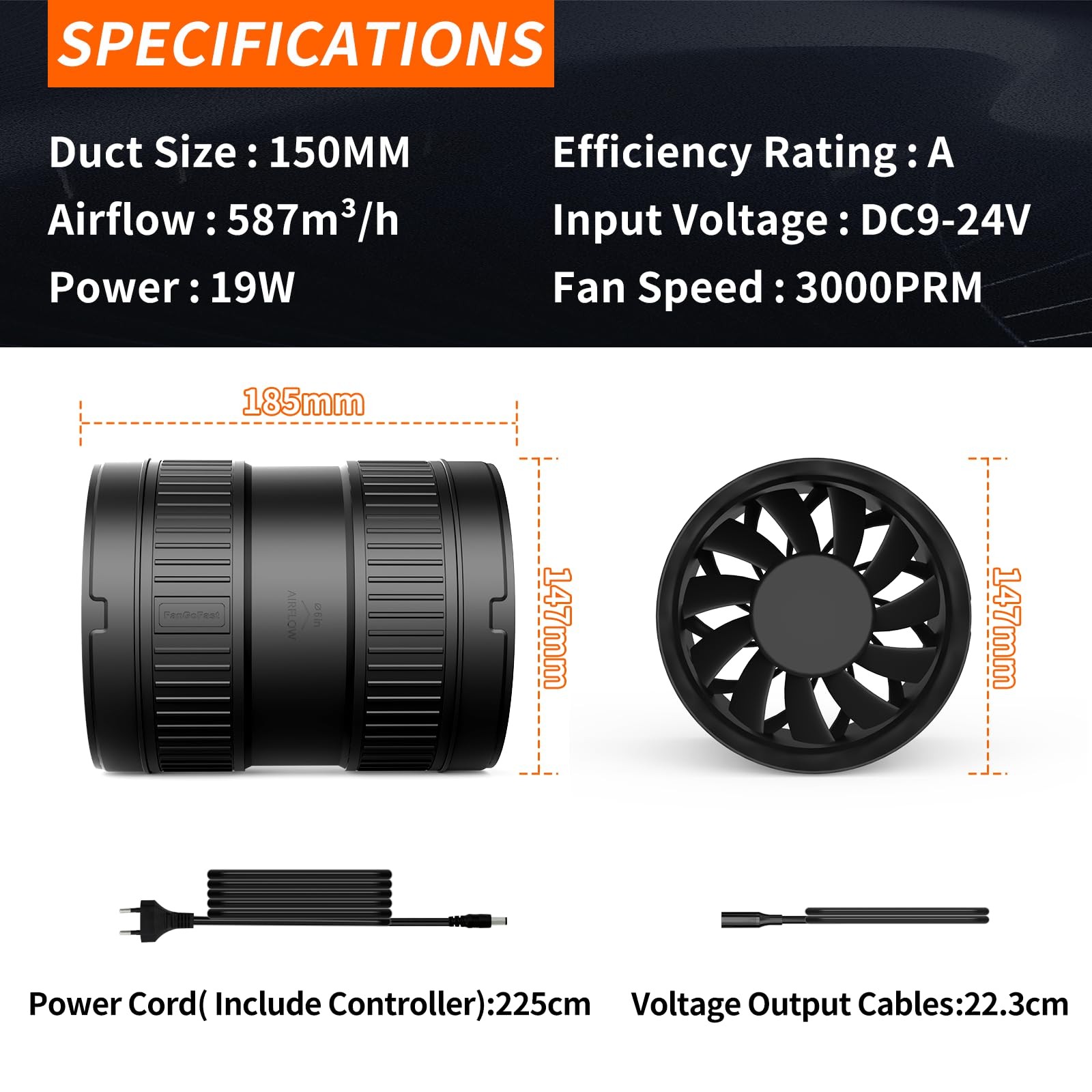 6 Inch Inline Duct Fan 345CFM Airflow with Stepless Speed Control Low Noise E…