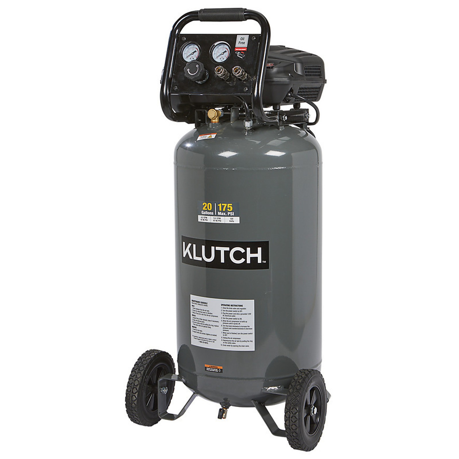 Klutch 20-Gallon Air Compressor, 2 HP, 120 Volts, 175 PSI, Model# 203001004001
