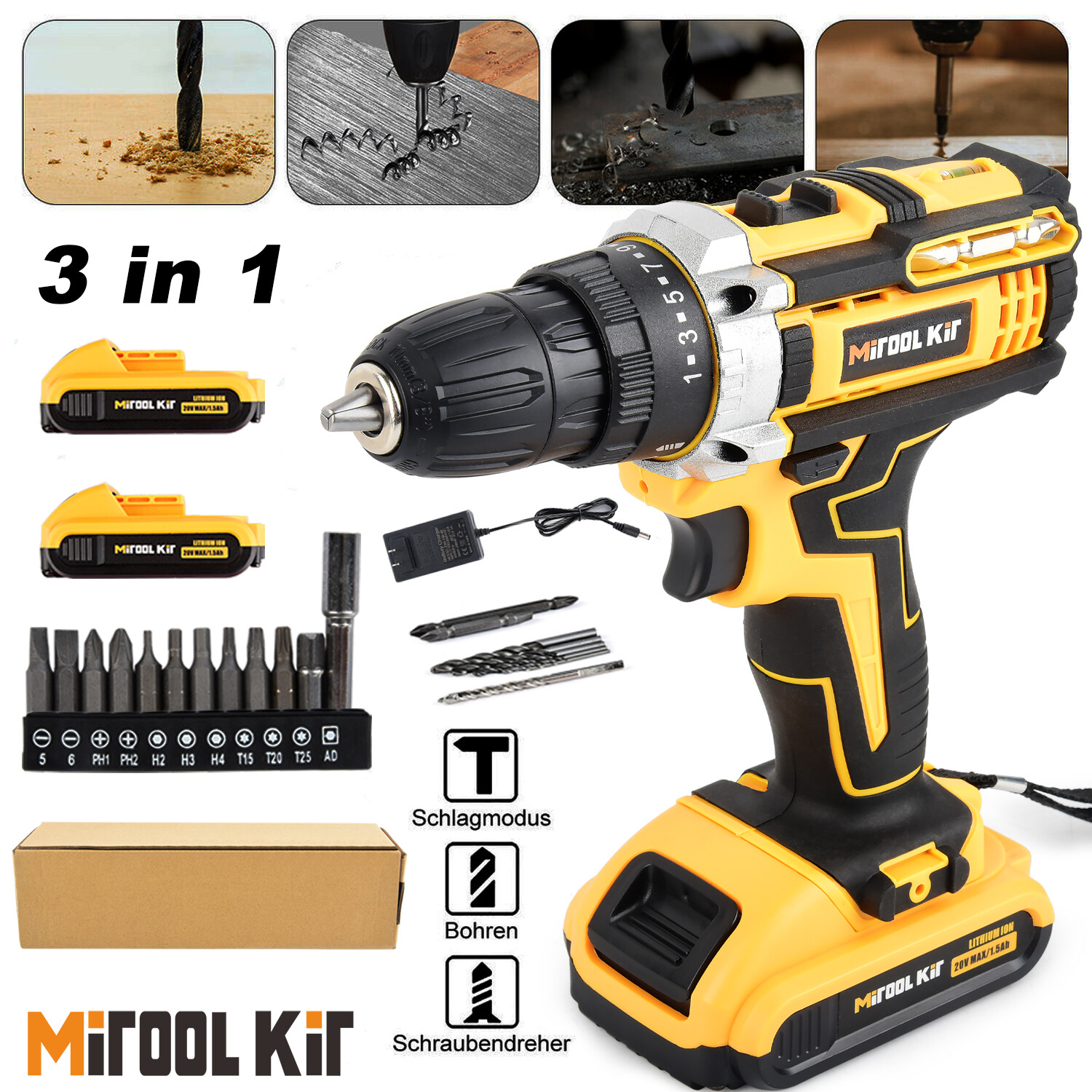 20V Electric Drill 3/8″ Power Cordless Screwdriver 22PCS Drill Set With Battery