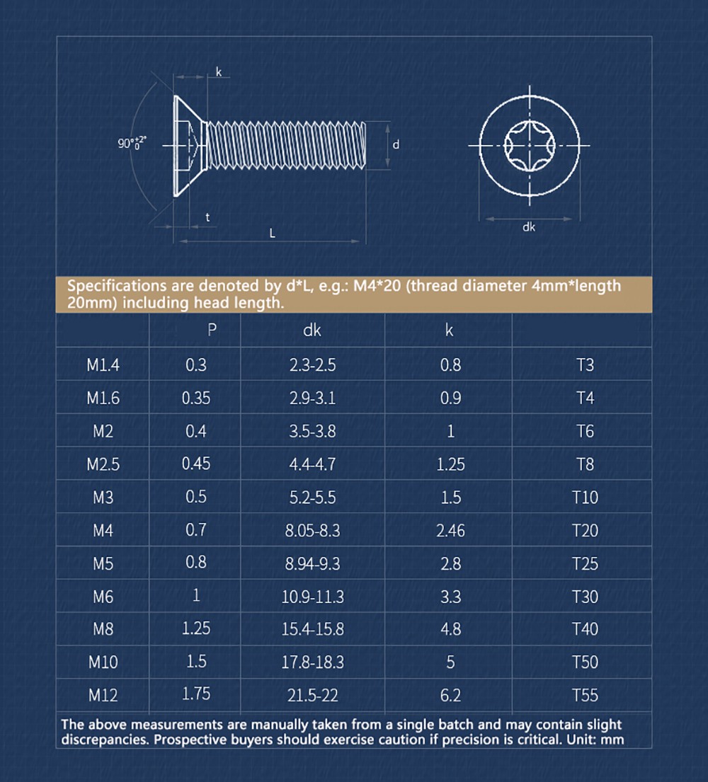 M1.4-M4 Torx Countersunk Machine Screws Flat Head Bolt A2 Stainless Steel Metric