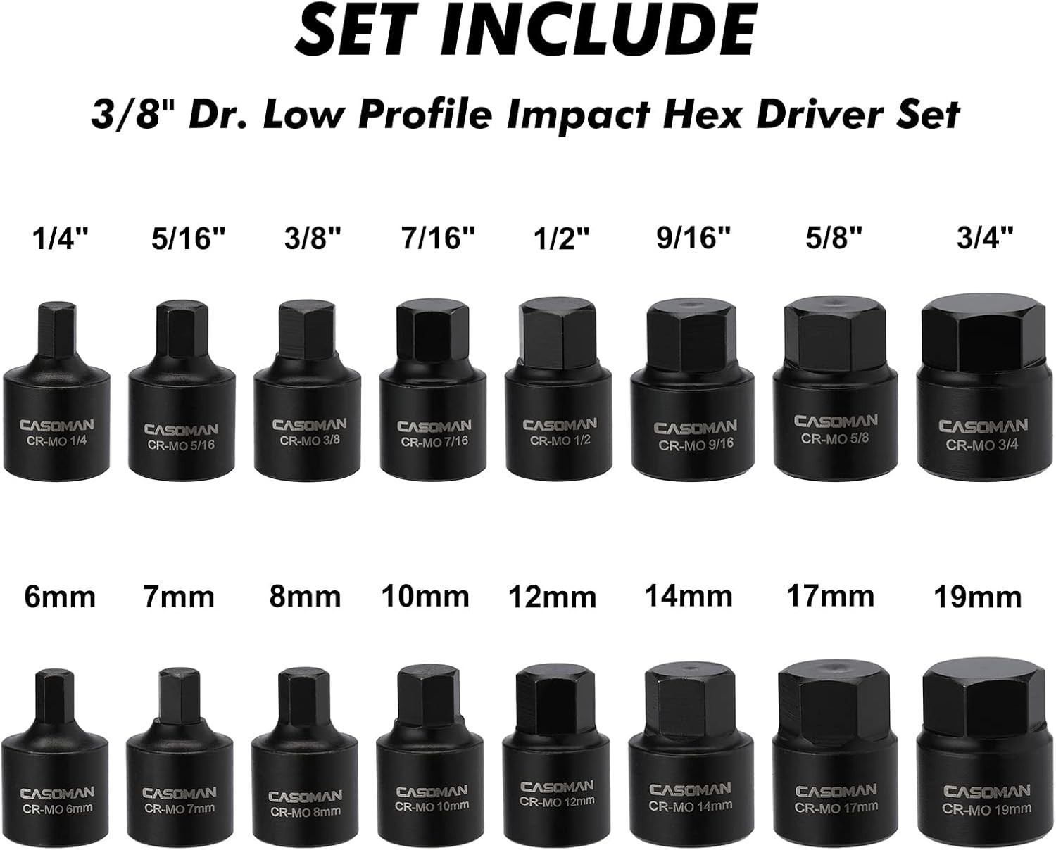 16 Pc Low Profile Impact Hex Driver Set, SAE Metric