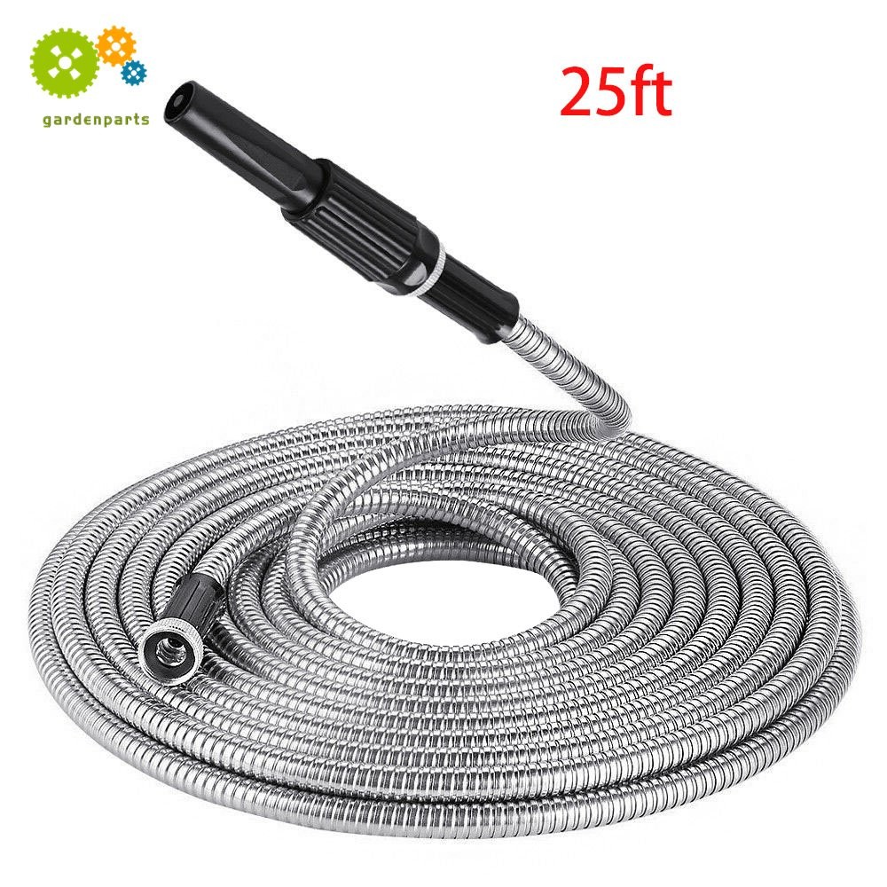 NEW 25FT Stainless Steel Metal Garden Water Hose Pipe Flexible Lightweight