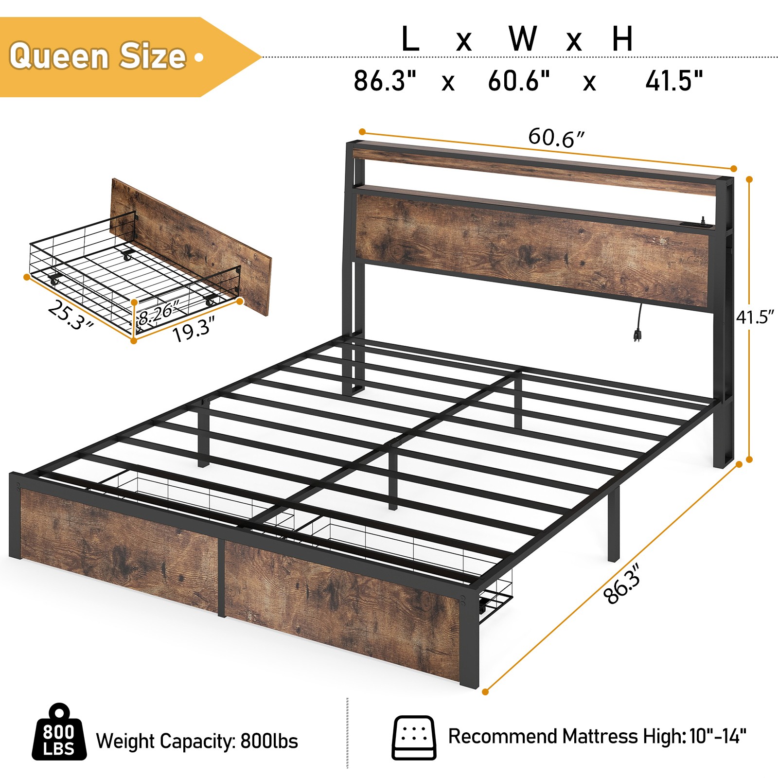 Queen Full Size Bed Frame with Storage Headboard &Charging Station＆ LED Lights