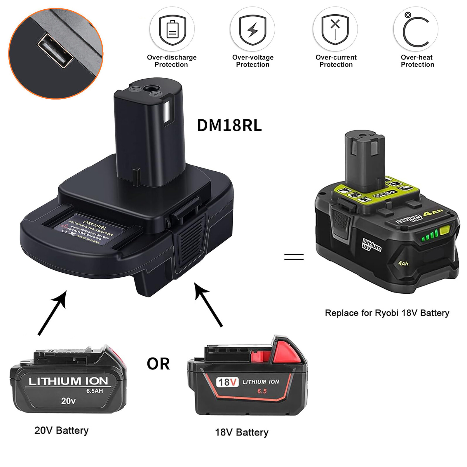 USB Battery Adapter Converter for De walt 20V Milwaukee 18V to Ryobi 18V Tool