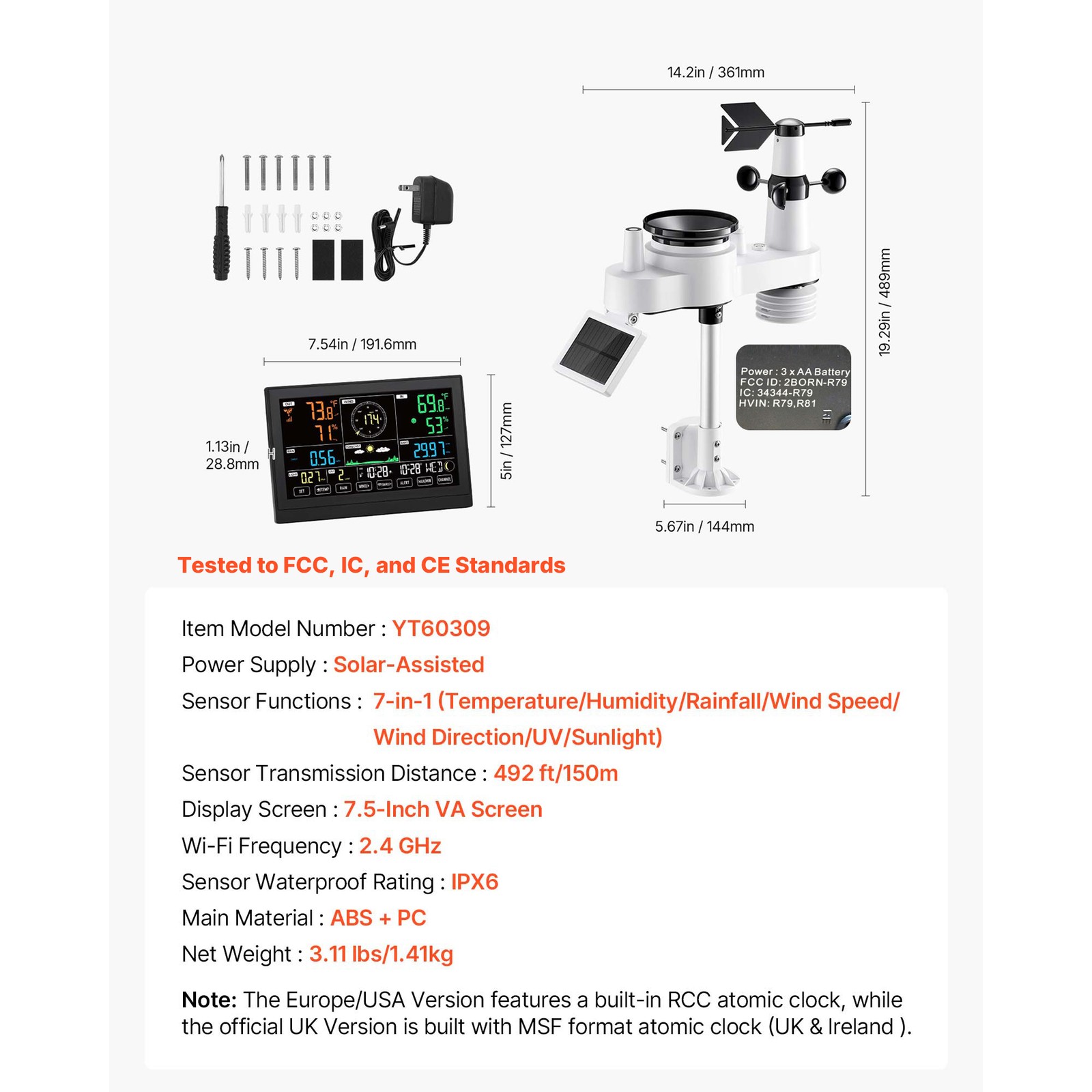 Uimoso 7-in-1 Wireless Weather Station 7.5” Display and Indoor-Outdoor Sensor